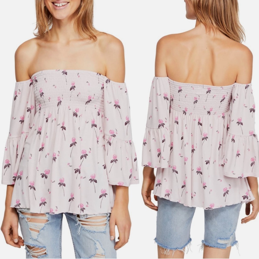Free People Lana Off Shoulder Tunic Floral Sz Large MSRP $98 OB938678 Pink NWT